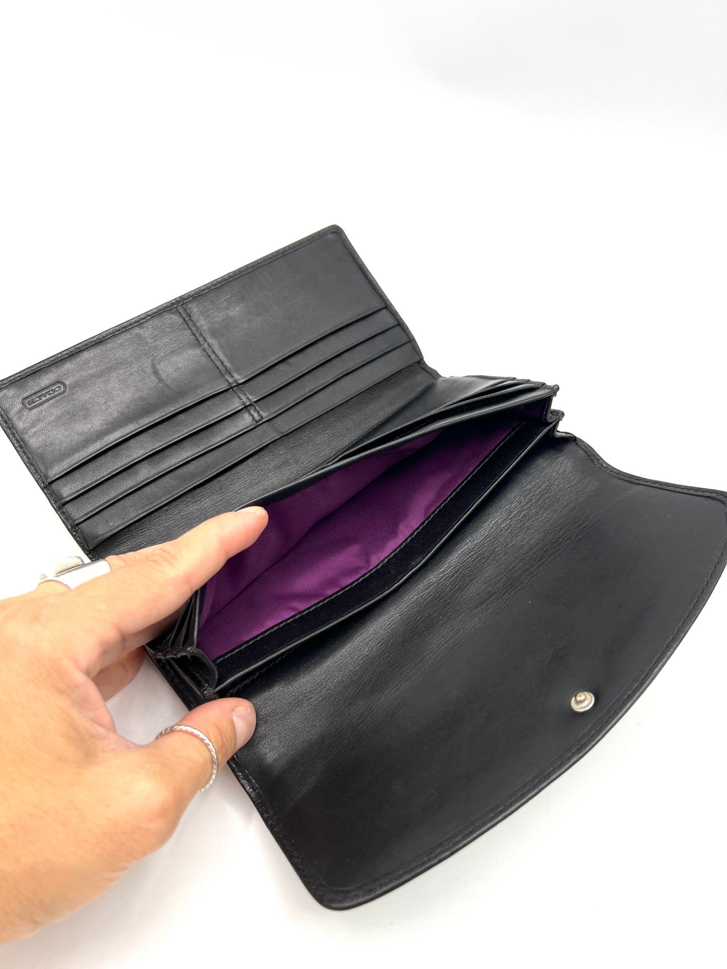 Coach Hampton Trifold Wallet – Black Leather with Silver Hardware