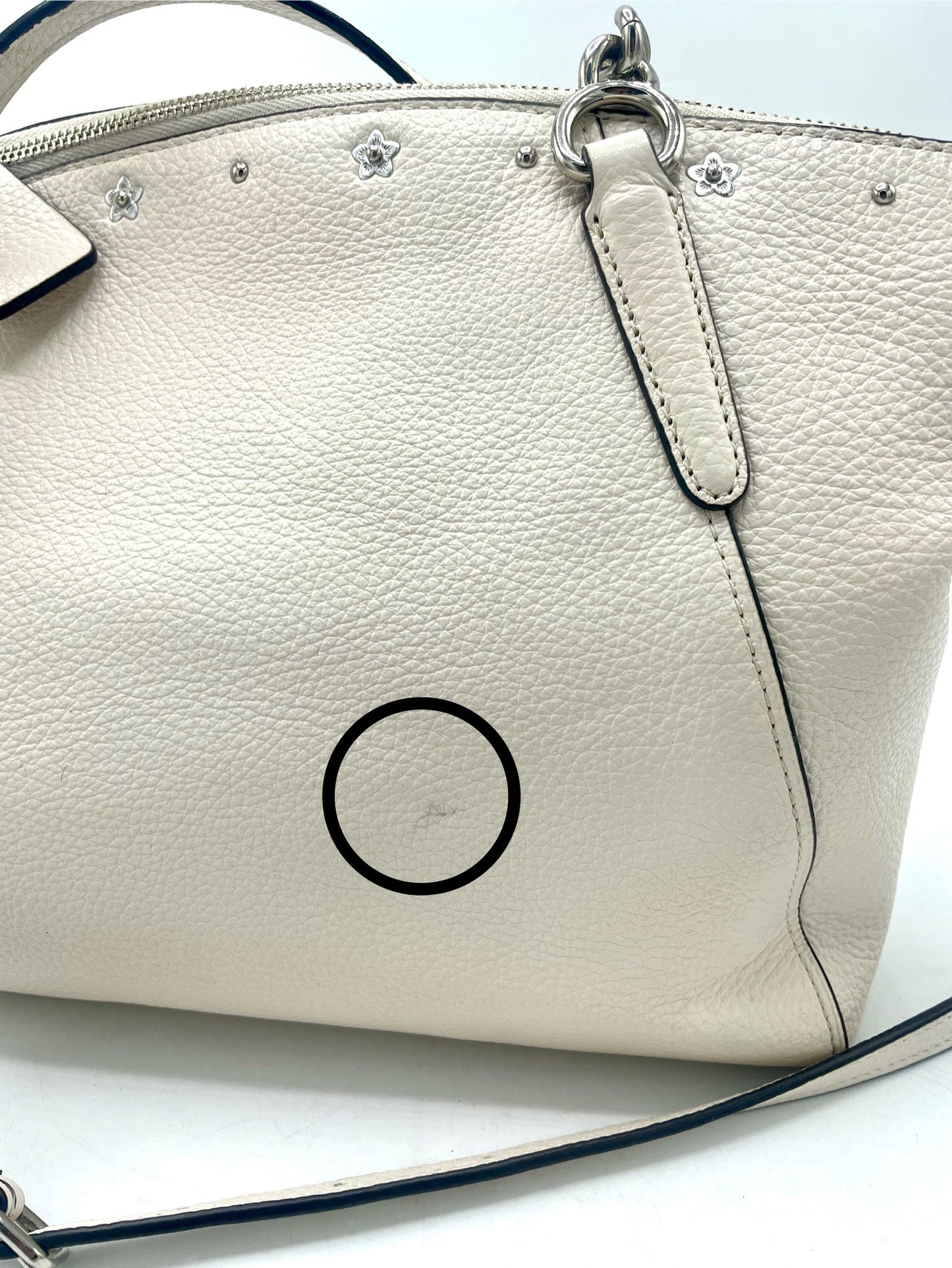 Coach Kelsey Chain Satchel with Floral Rivets – Chalk/Silver (F37773)