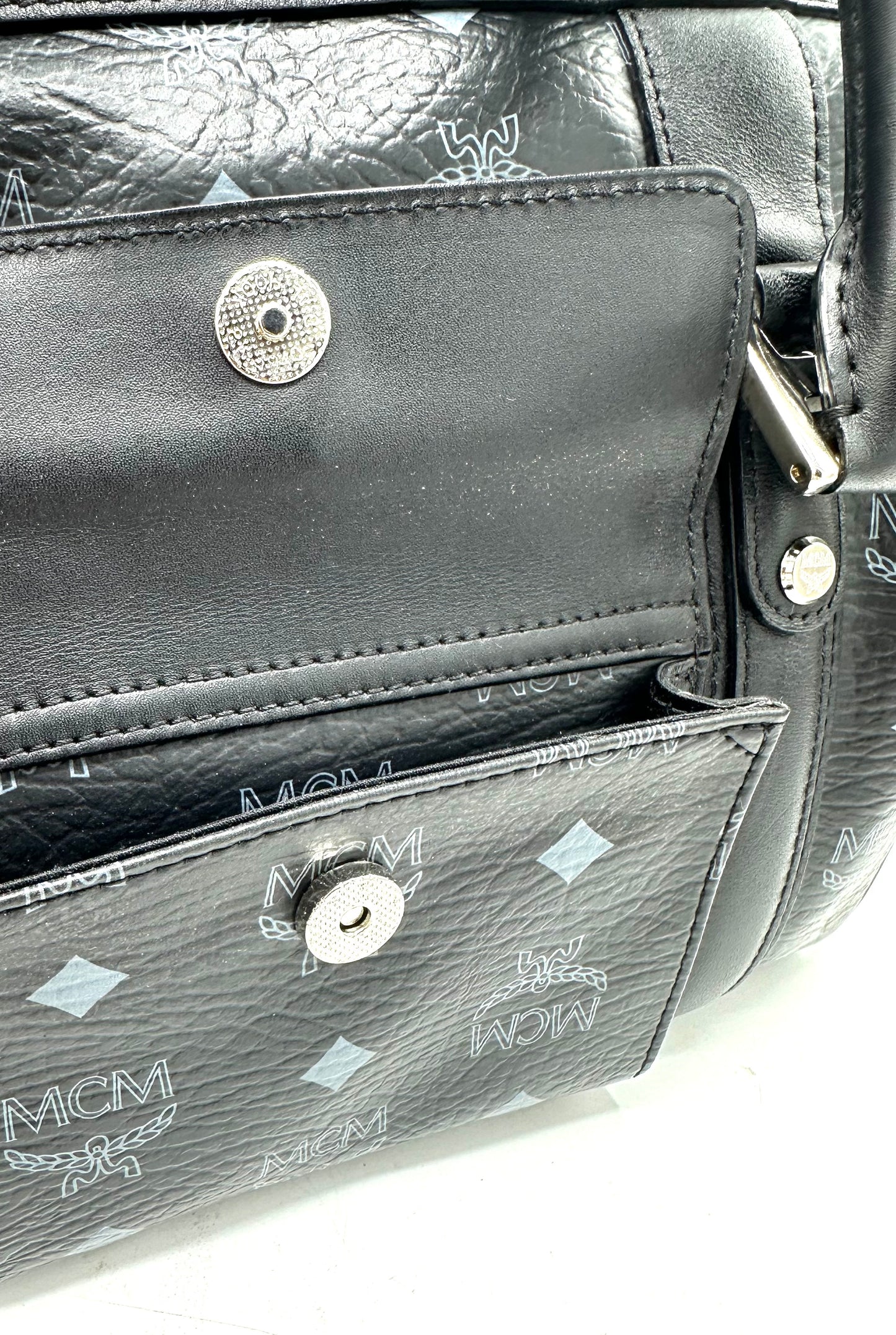MCM Visetos Front Pocket Boston Bag – Black Leather with Silver-Tone Hardware