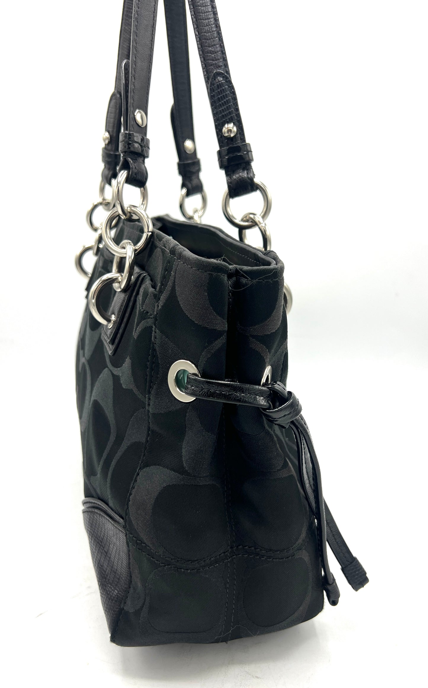 Coach Colette Signature Satchel – Black Jacquard with Silver Hardware