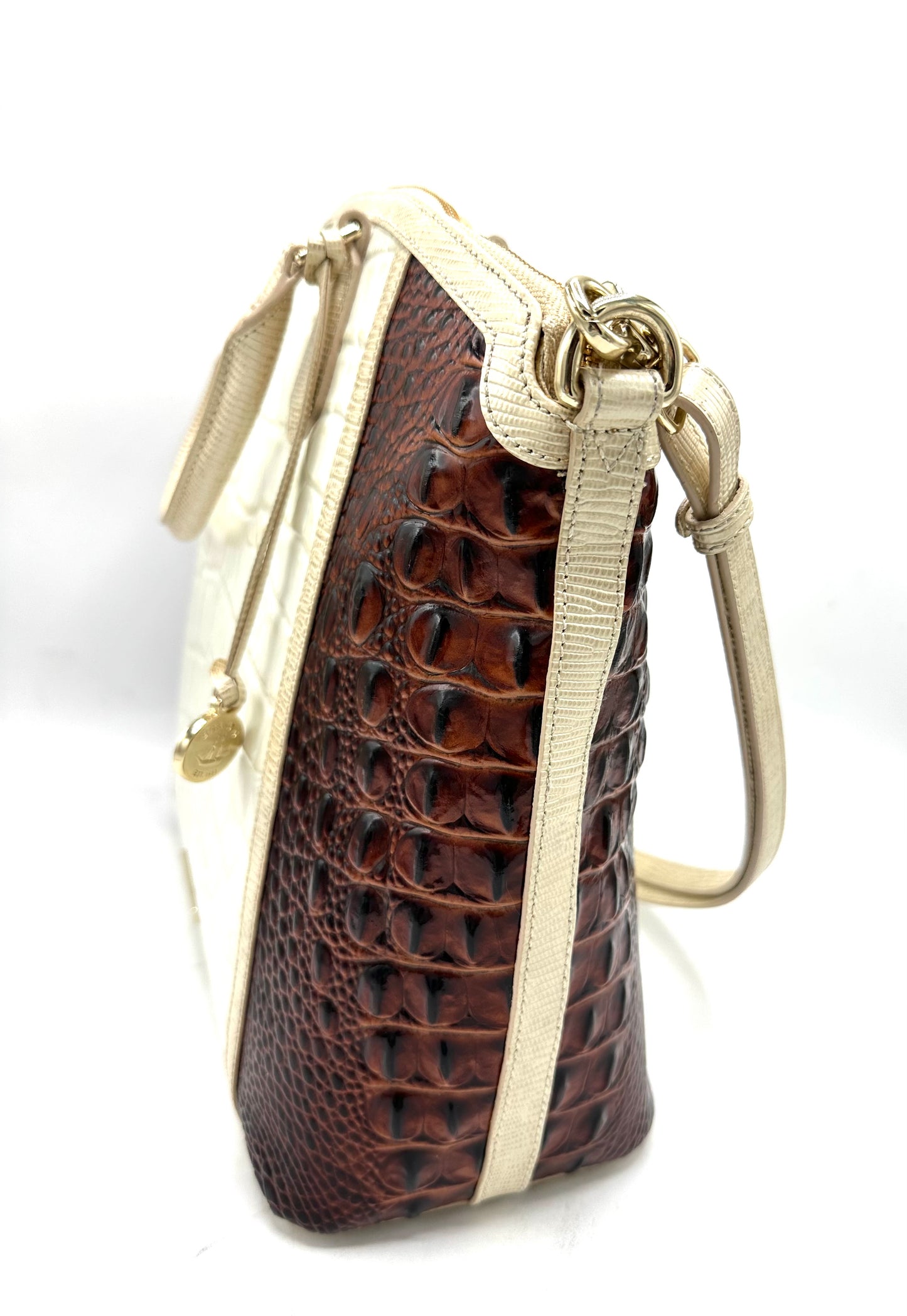 Brahmin Large Duxbury Satchel – Brown & White Crocodile-Embossed Leather