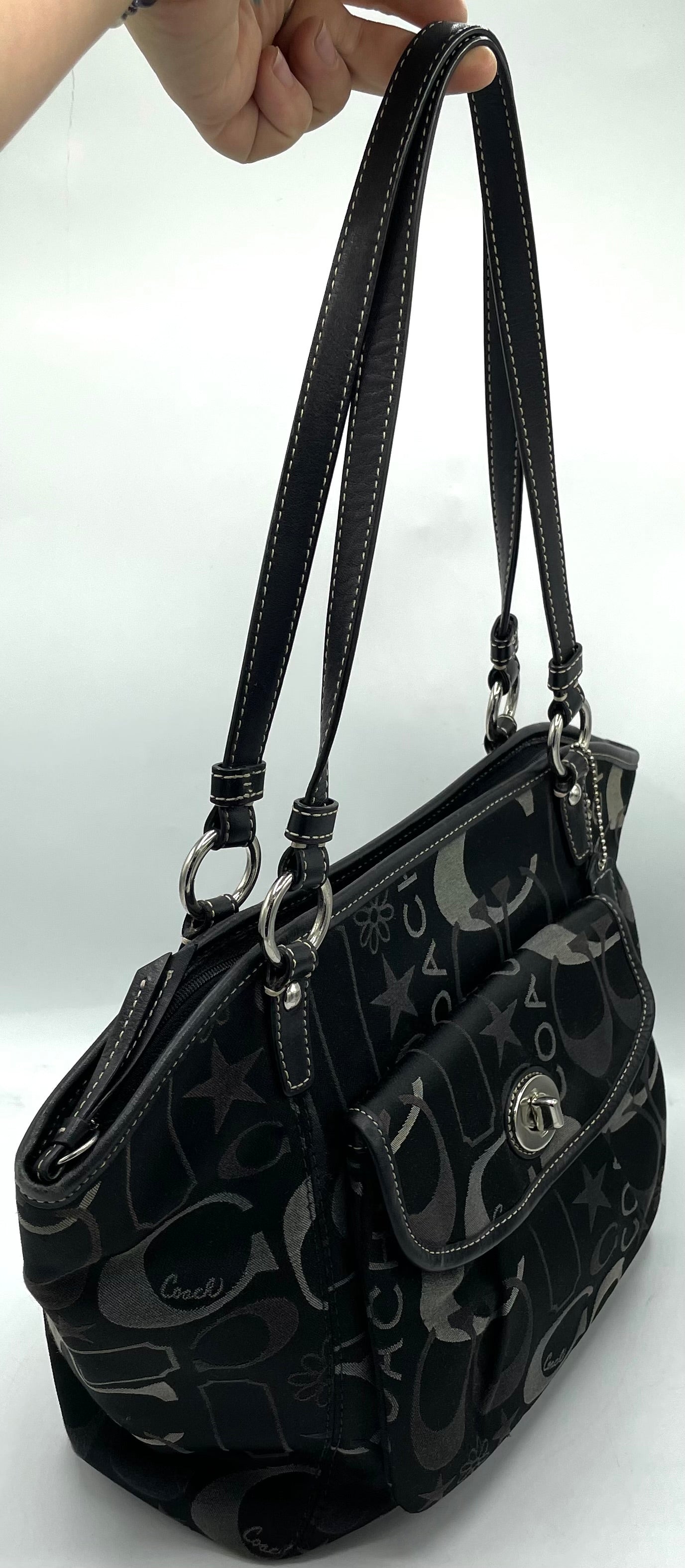 Coach Leah Black and Silver Signature Turnlock Satchel