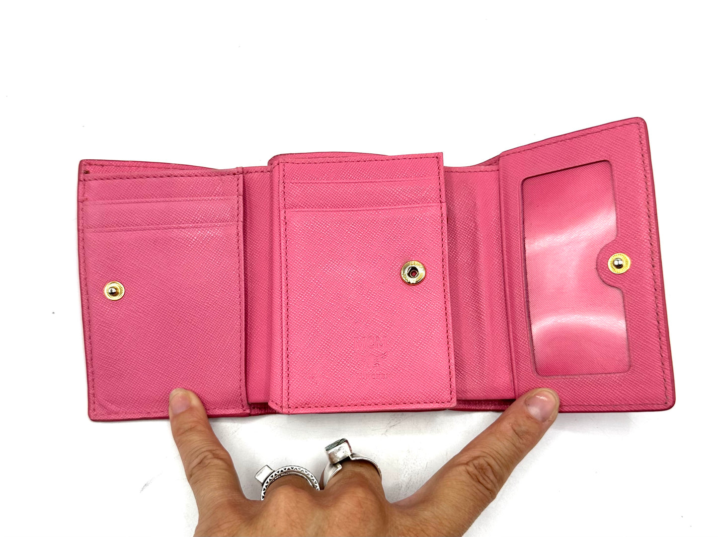 MCM Visetos Trifold Wallet – Light Pink Leather with Gold Hardware