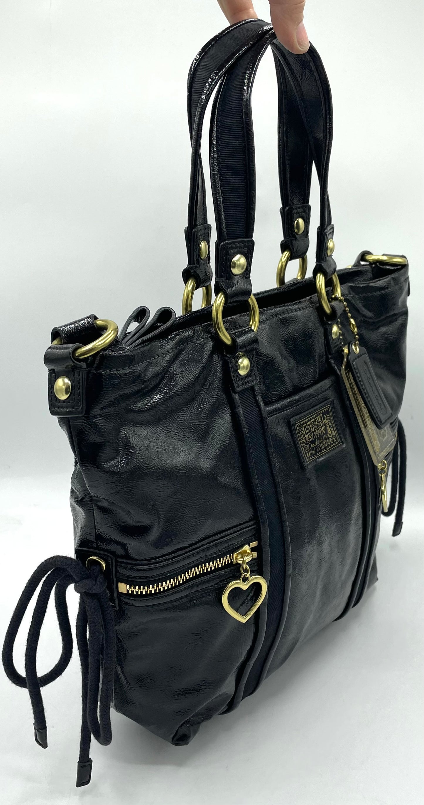 Coach Poppy Daisy Liquid Black Patent Leather Tote