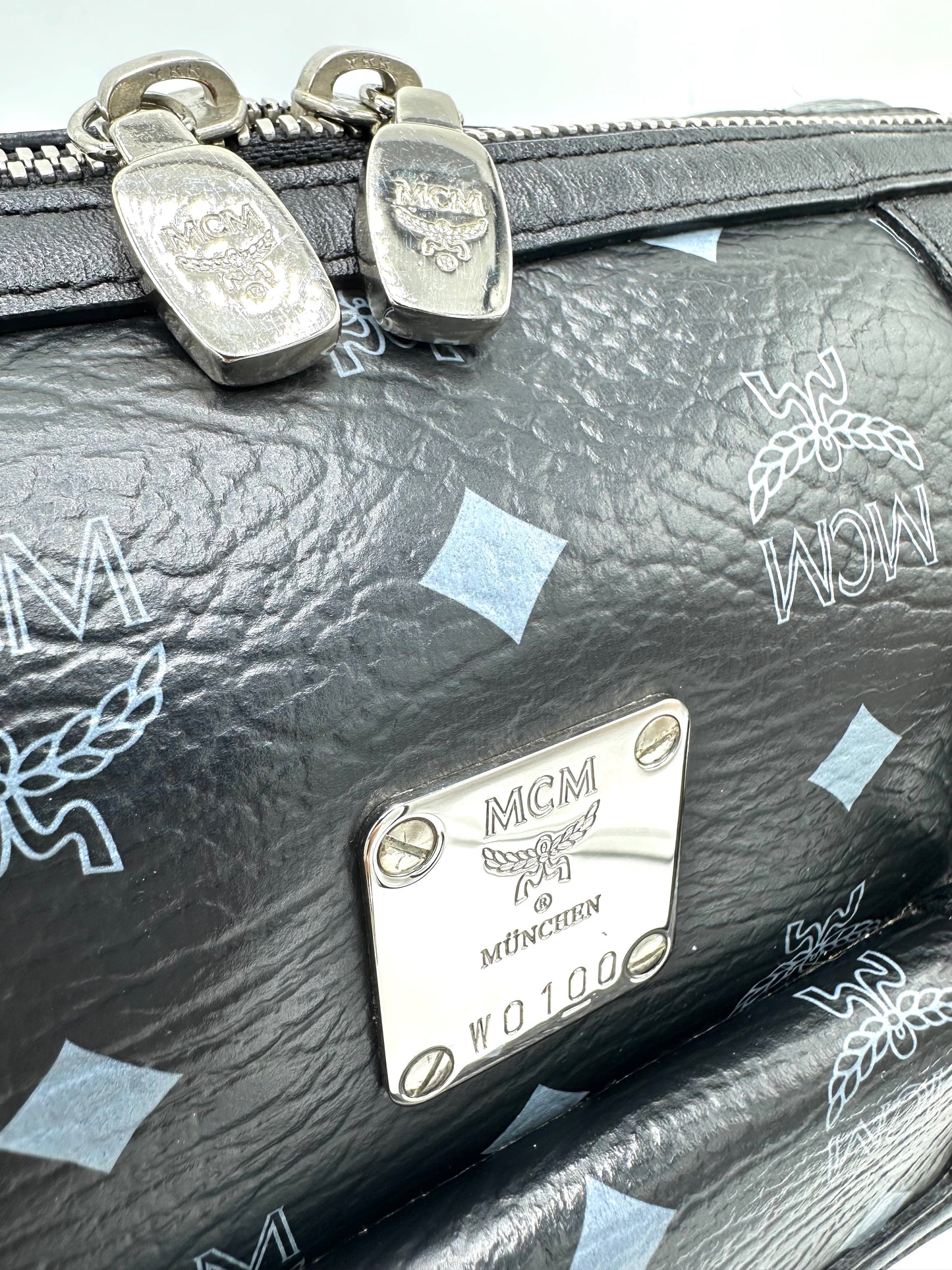 MCM Visetos Front Pocket Boston Bag – Black Leather with Silver-Tone Hardware