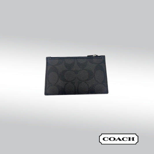 Coach Zip Card Case – Dark Gray Signature Canvas with Black Leather