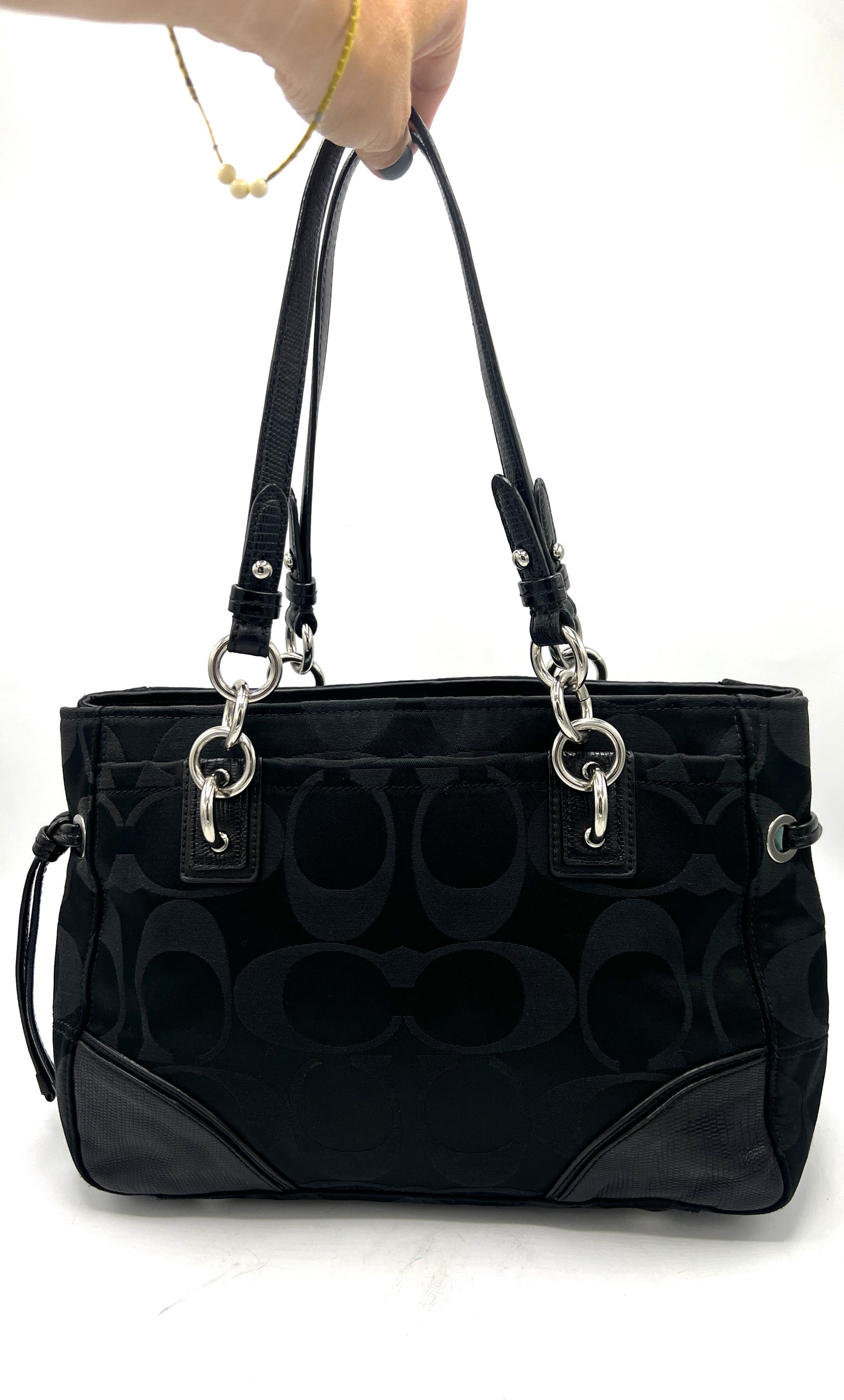 Coach Colette Signature Satchel – Black Jacquard with Silver Hardware