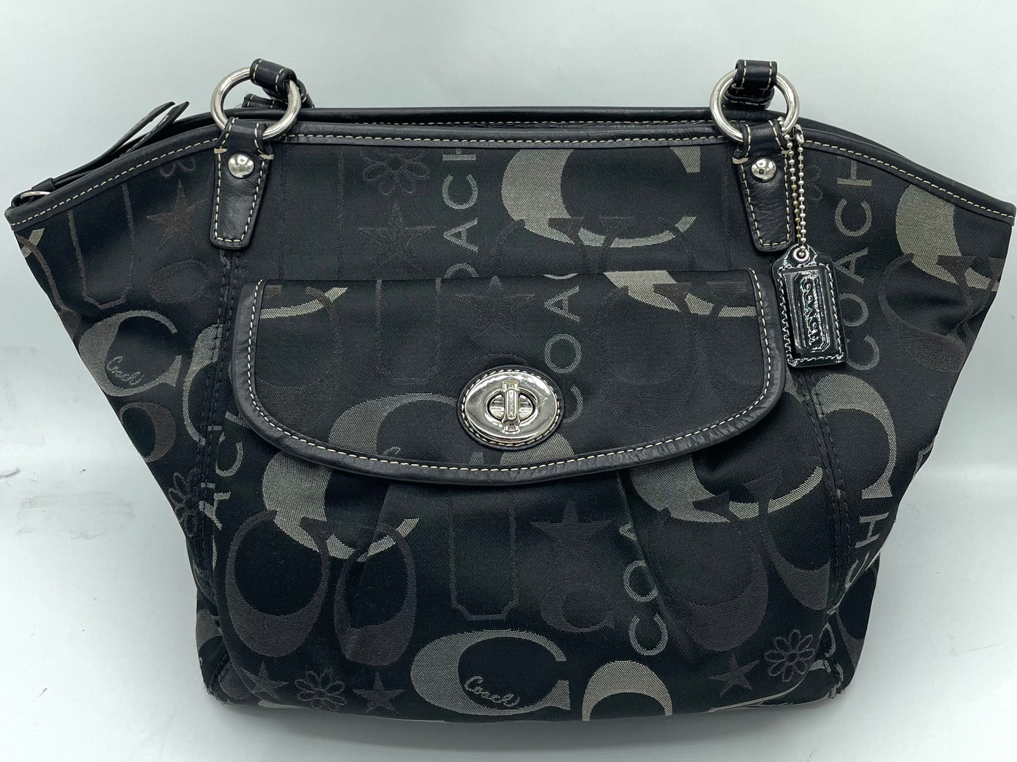 Coach Leah Black and Silver Signature Turnlock Satchel