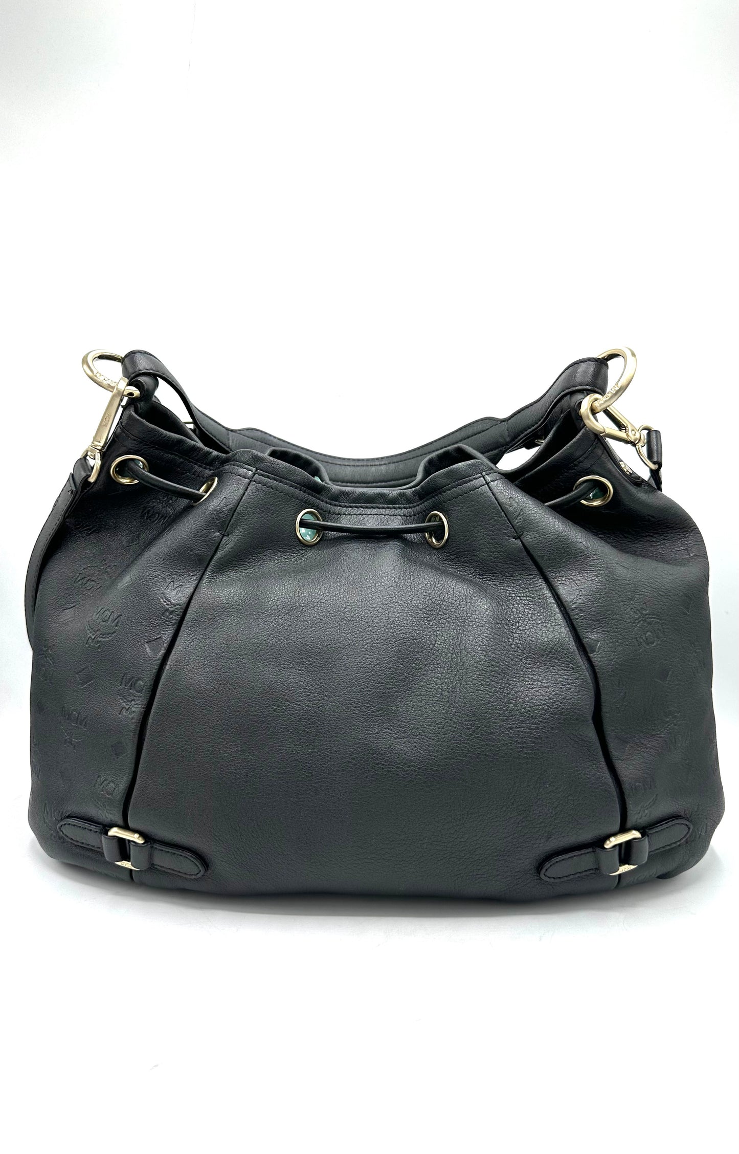 MCM Drawstring Bucket Bag in Leather – Dark Gray Leather with Gold Hardware