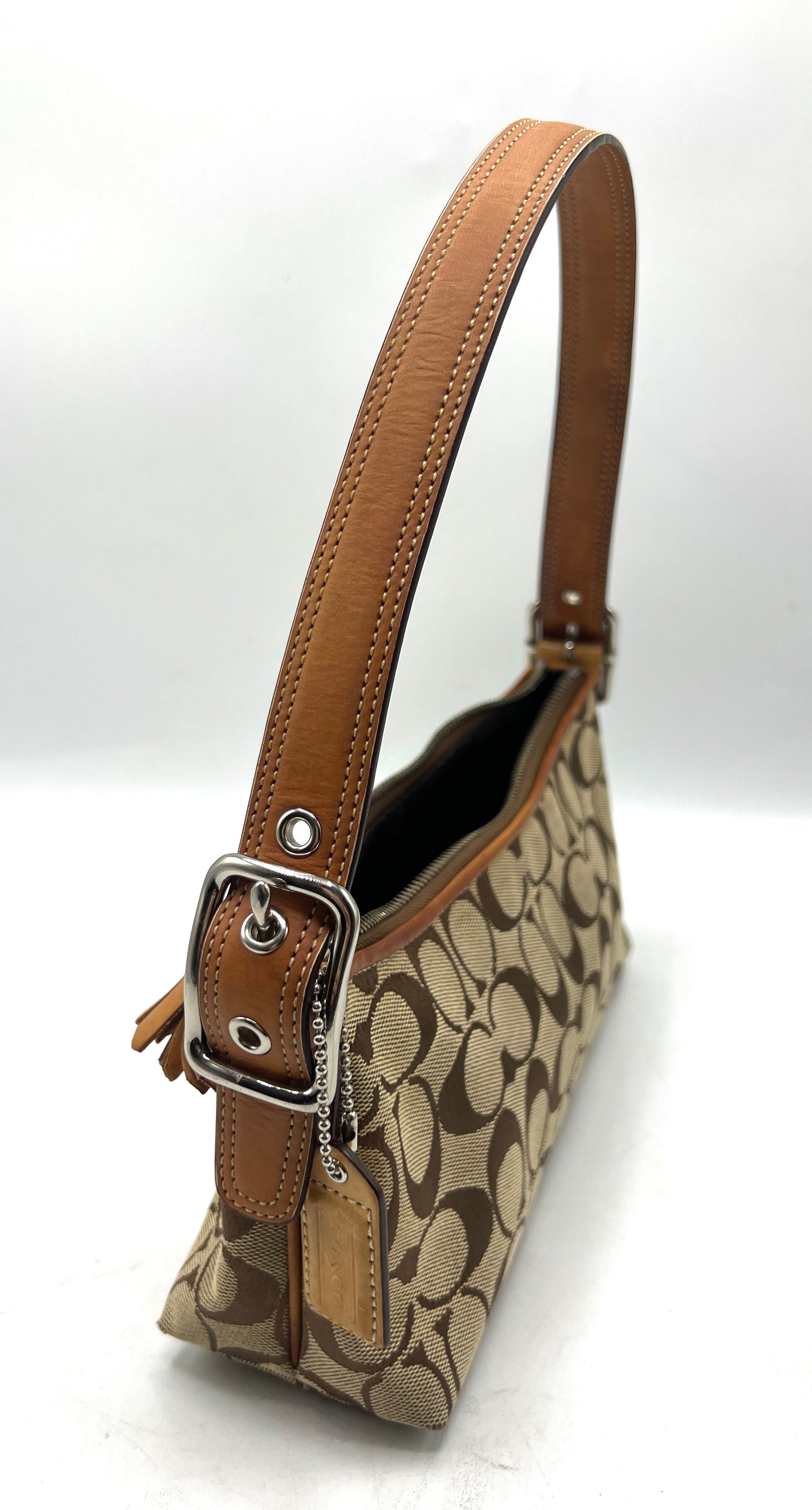 Coach Signature “C” Demi Shoulder Bag – Beige with Leather Trim