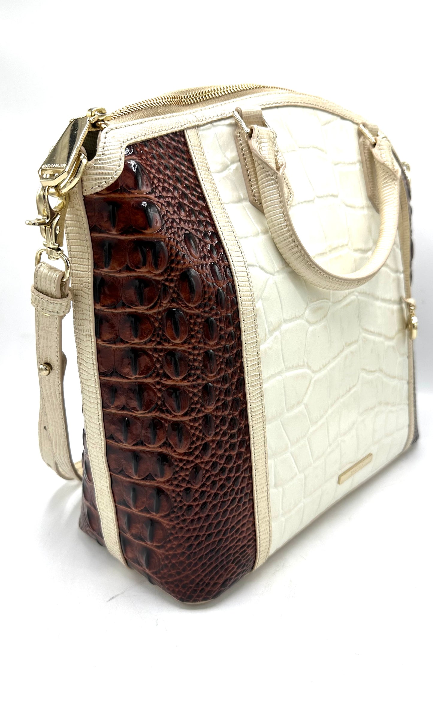 Brahmin Large Duxbury Satchel – Brown & White Crocodile-Embossed Leather