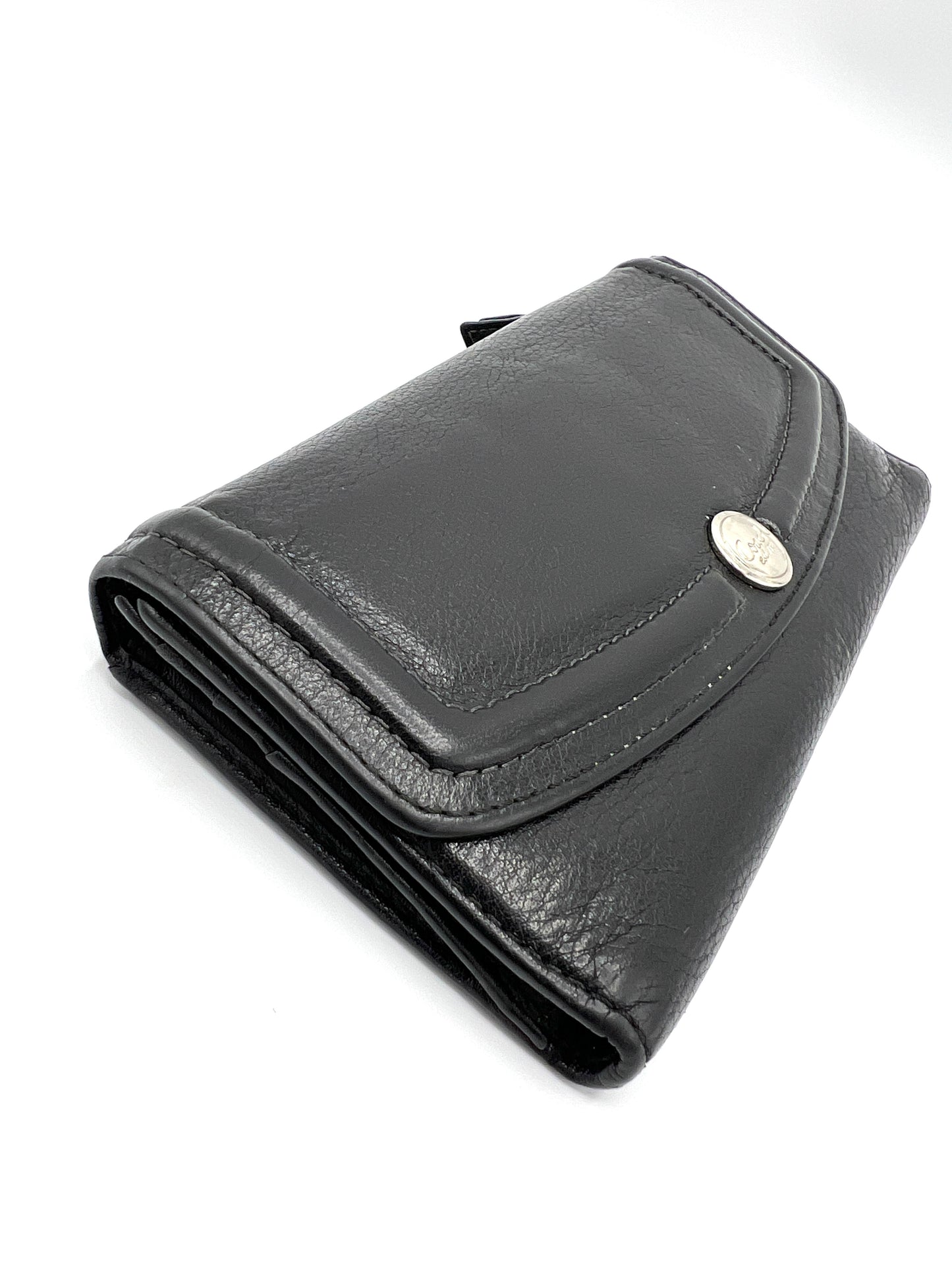 Coach Hampton Trifold Wallet – Black Leather with Silver Hardware