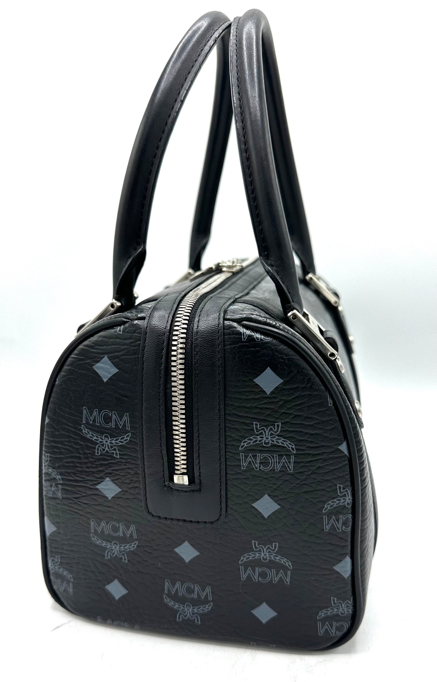 MCM Visetos Front Pocket Boston Bag – Black Leather with Silver-Tone Hardware