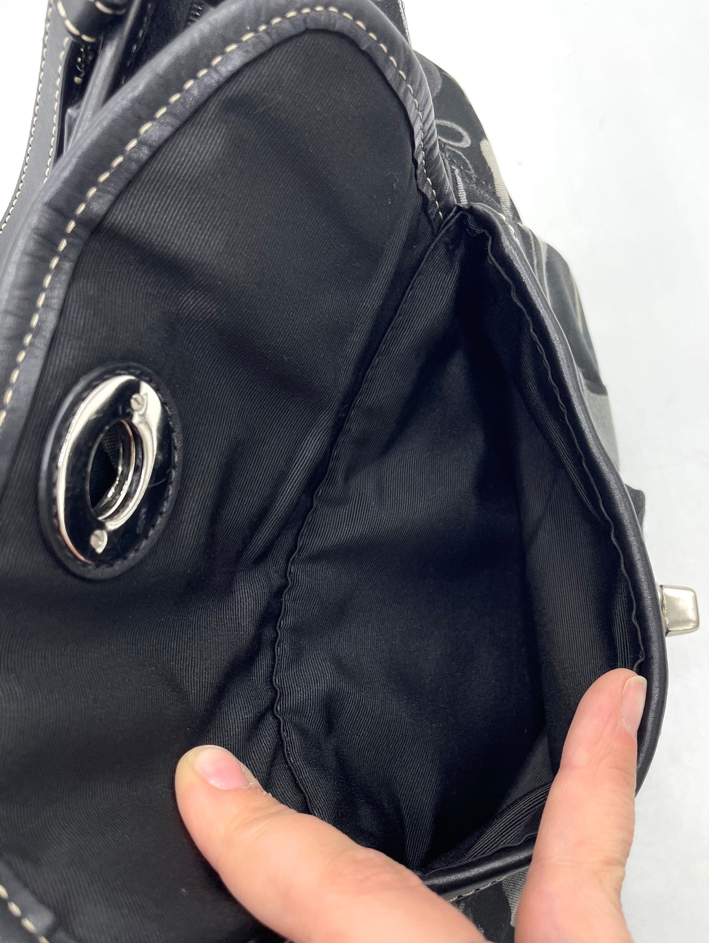 Coach Leah Black and Silver Signature Turnlock Satchel