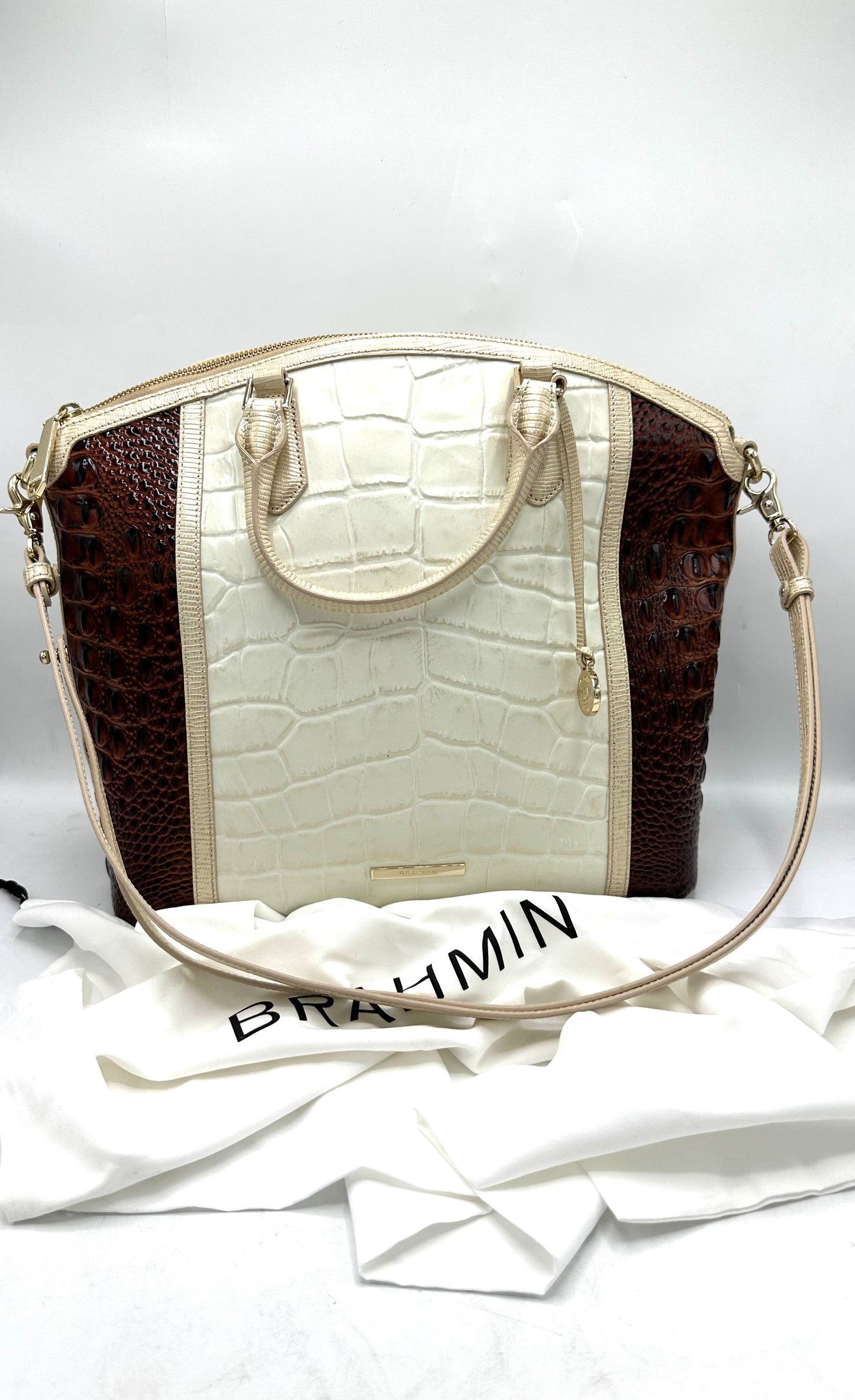 Brahmin Large Duxbury Satchel – Brown & White Crocodile-Embossed Leather