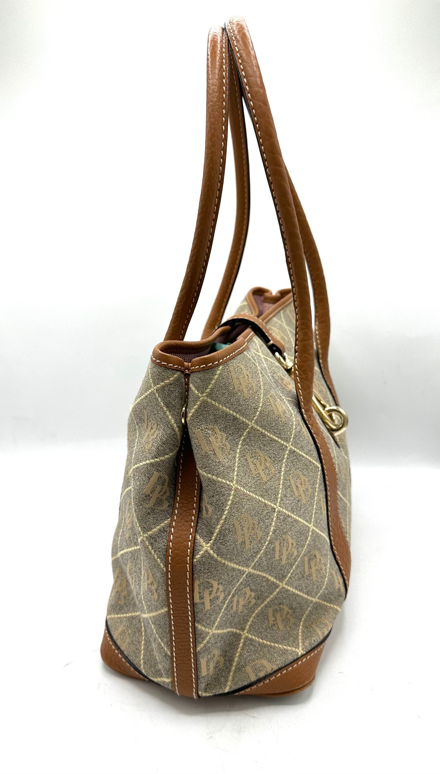 Dooney & Bourke Vintage Tote – Khaki Canvas with Leather Trim and Duck Logo