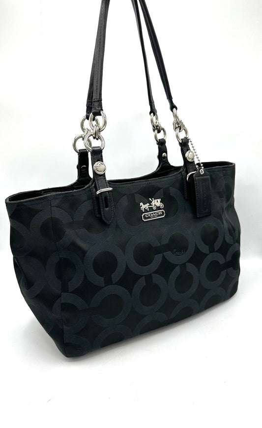 Coach Mia Op Art Satchel – Black Jacquard with Purple Satin Interior