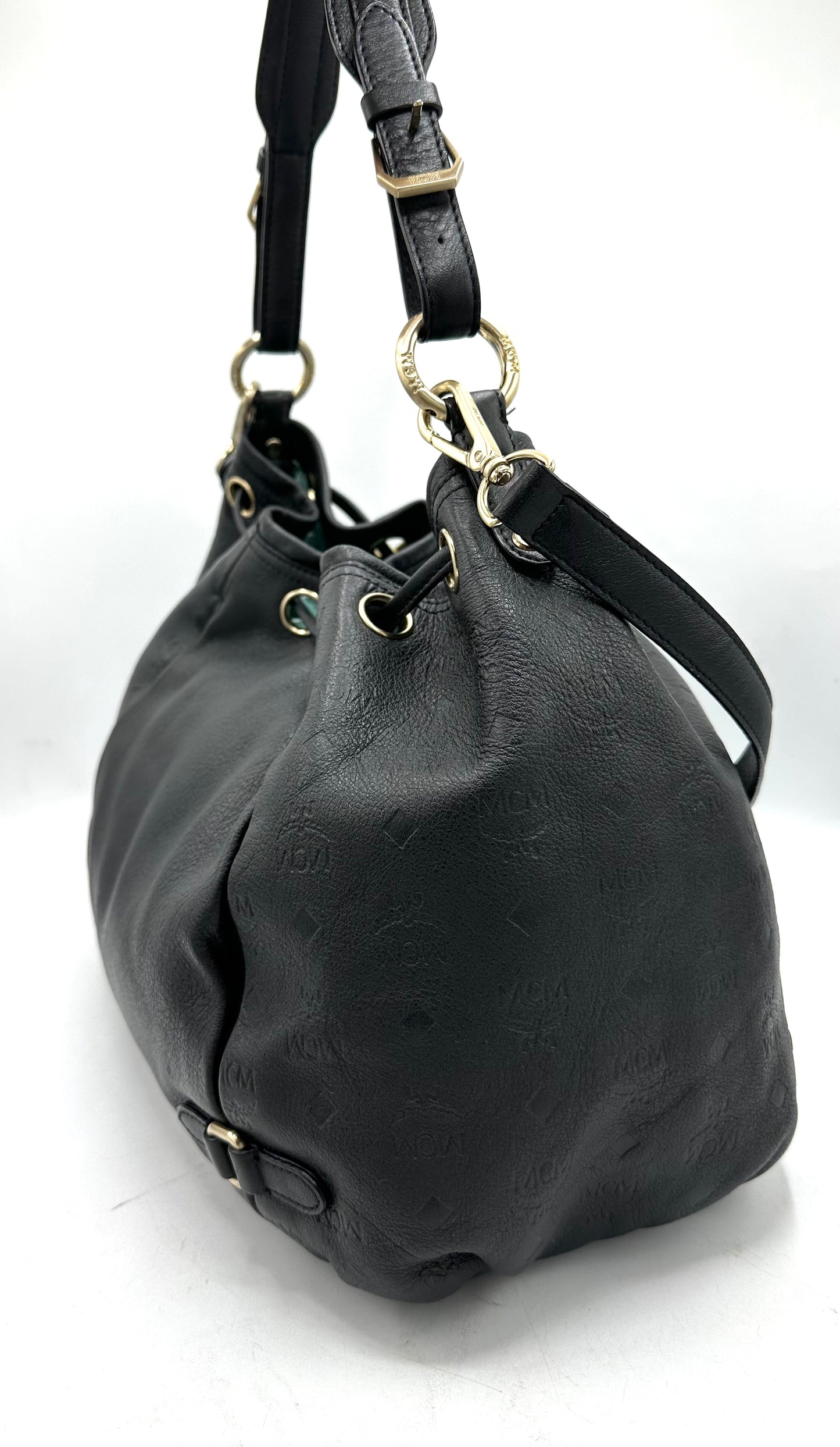 MCM Drawstring Bucket Bag in Leather – Dark Gray Leather with Gold Hardware