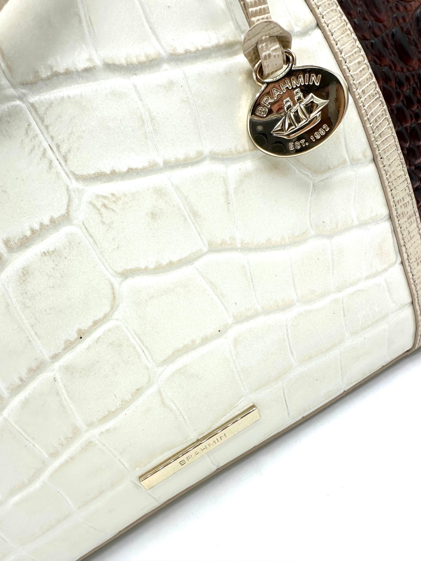 Brahmin Large Duxbury Satchel – Brown & White Crocodile-Embossed Leather