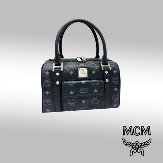 MCM Visetos Front Pocket Boston Bag – Black Leather with Silver-Tone Hardware