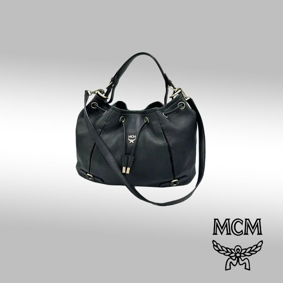 MCM Drawstring Bucket Bag in Leather – Dark Gray Leather with Gold Hardware