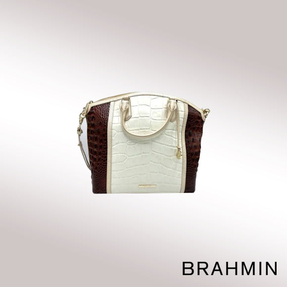 Brahmin Large Duxbury Satchel – Brown & White Crocodile-Embossed Leather