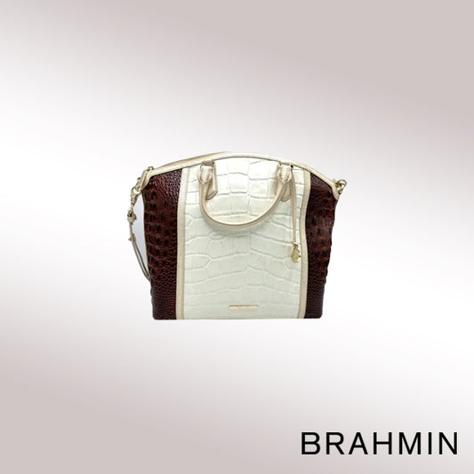 Brahmin Large Duxbury Satchel – Brown & White Crocodile-Embossed Leather