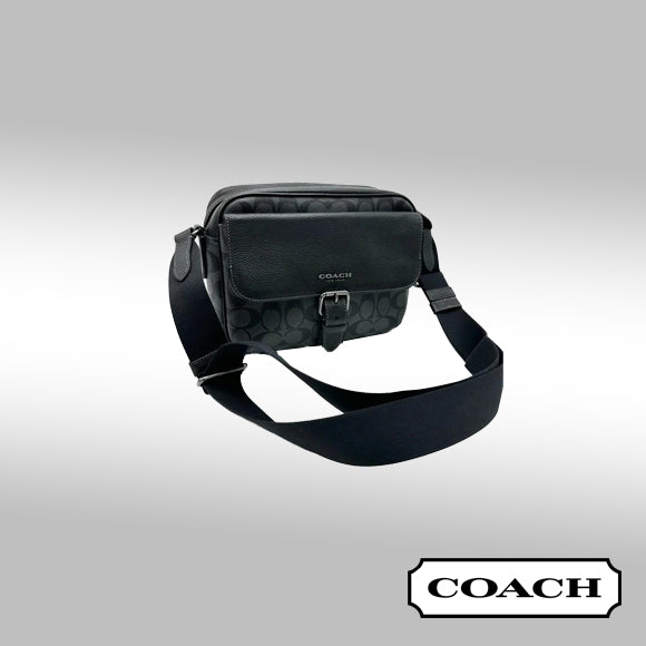 Coach Hudson Crossbody – Black Pebbled Leather & Grey Signature Coated Canvas