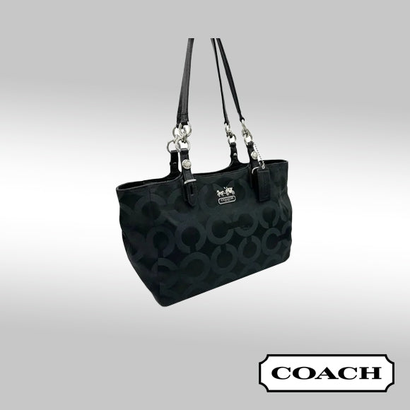 Coach Mia Op Art Satchel – Black Jacquard with Purple Satin Interior