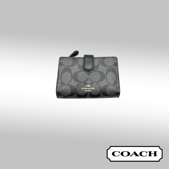 Coach F23553 Corner Zip Wallet – Black (Signature Canvas / Leather Trim)