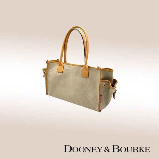 Dooney & Bourke DB Signature Heart Logo Medium Shopper Tote – Beige Denim with Vacchetta Leather Trim