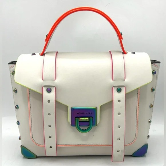 Michael Kors Manhattan Medium Contrast-Trim Leather Satchel – Optic White Color: Optic White