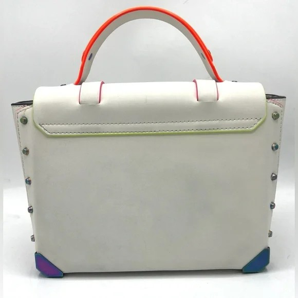 Michael Kors Manhattan Medium Contrast-Trim Leather Satchel – Optic White Color: Optic White