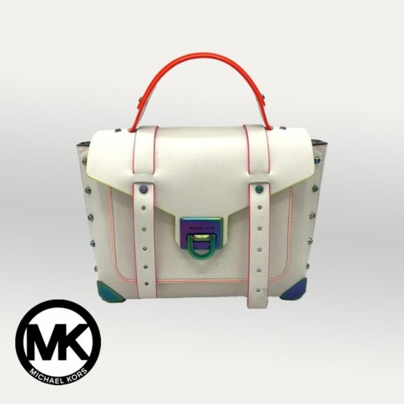 Michael Kors Manhattan Medium Contrast-Trim Leather Satchel – Optic White Color: Optic White