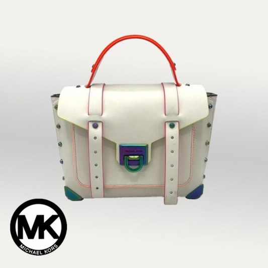 Michael Kors Manhattan Medium Contrast-Trim Leather Satchel – Optic White Color: Optic White