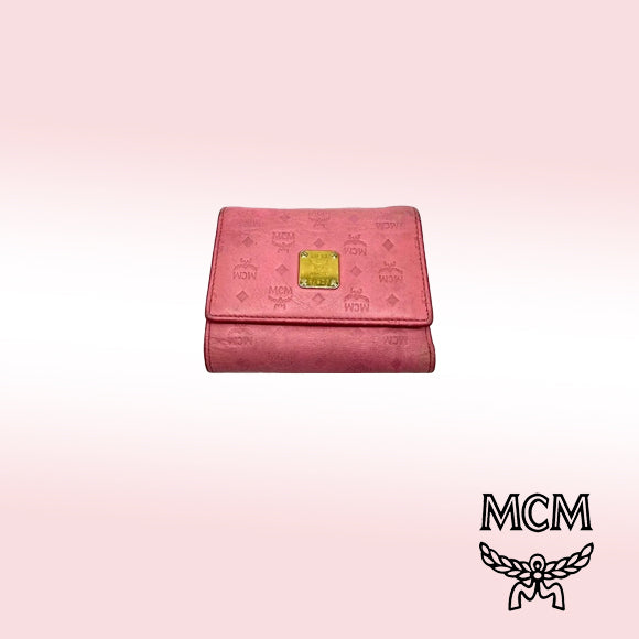 MCM Visetos Trifold Wallet – Light Pink Leather with Gold Hardware