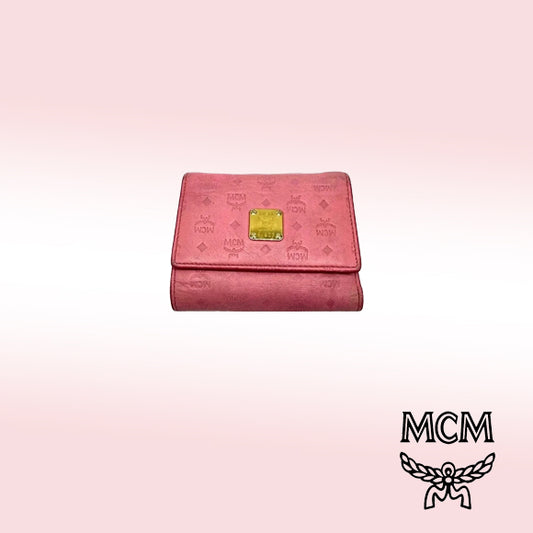 MCM Visetos Trifold Wallet – Light Pink Leather with Gold Hardware