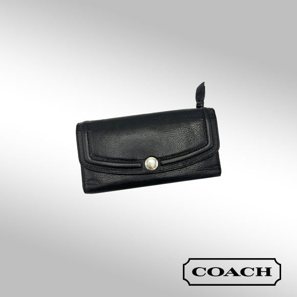 Coach Hampton Trifold Wallet – Black Leather with Silver Hardware