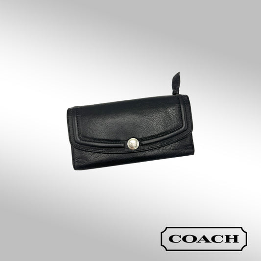 Coach Hampton Trifold Wallet – Black Leather with Silver Hardware
