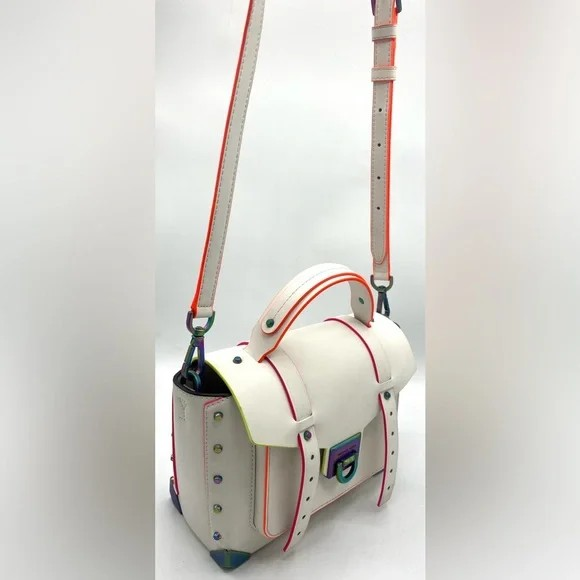 Michael Kors Manhattan Medium Contrast-Trim Leather Satchel – Optic White Color: Optic White