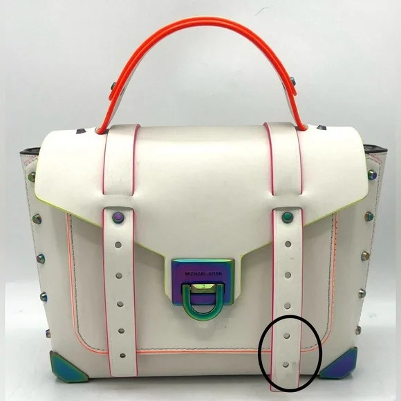 Michael Kors Manhattan Medium Contrast-Trim Leather Satchel – Optic White Color: Optic White